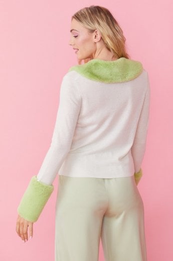 JAYLEY Cream Peggy Cashmere Cardigan With Faux Fur Cuffs And Collar