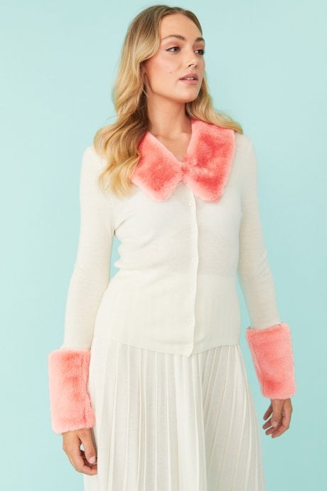 JAYLEY Cream Peggy Cashmere Cardigan with Faux Fur Cuffs and Collar