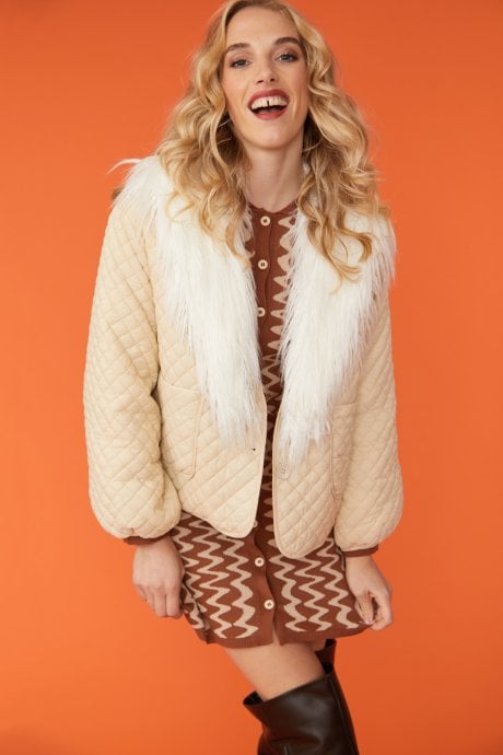 JAYLEY Cream Puffer Coat with Mongolian Fur Collar
