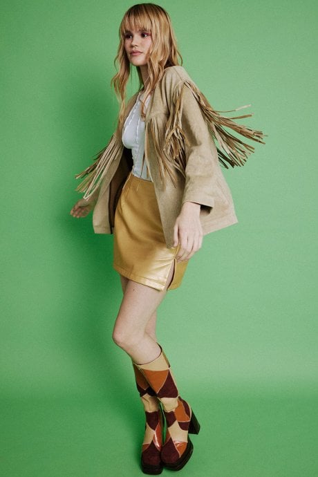 JAYLEY Cream Starlight Tassel Glitter Faux Suede Jacket