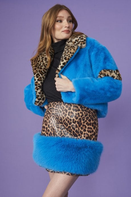 JAYLEY Cropped Blue And Leopard Print Faux Fur Coat