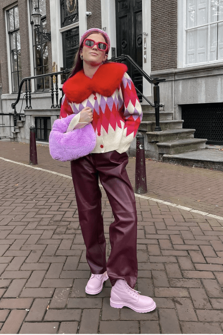 JAYLEY Diamond Design Banana Peel Cardigan Multi-Coloured With Faux Fur Collar