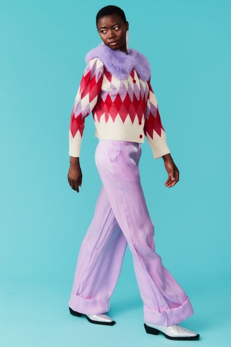 JAYLEY Diamond Design Banana Peel Cardigan Multi-Coloured With Faux Fur Collar