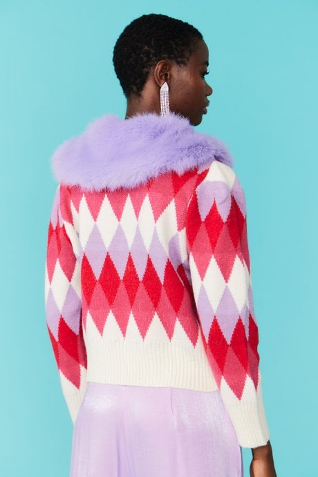 JAYLEY Diamond Design Banana Peel Cardigan Multi-Coloured With Faux Fur Collar