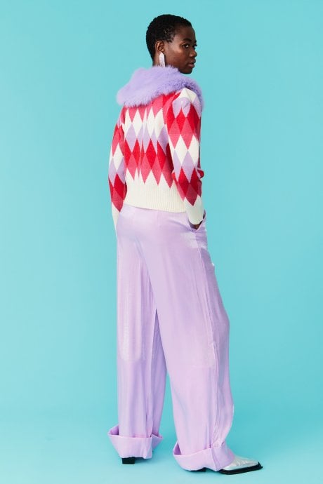 JAYLEY Diamond Design Banana Peel Cardigan Multi-Coloured With Faux Fur Collar