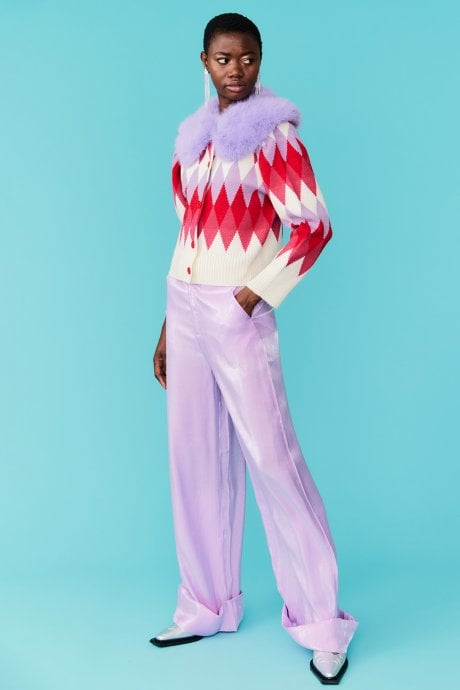 JAYLEY Diamond Design Banana Peel Cardigan Multi-Coloured with Faux Fur Collar