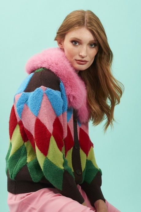 JAYLEY Diamond Design Banana Peel Cardigan With Pink Faux Fur Collar
