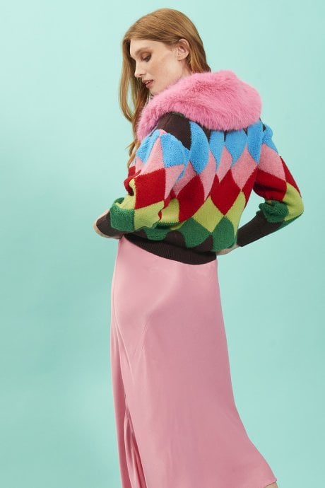 JAYLEY Diamond Design Banana Peel Cardigan With Pink Faux Fur Collar