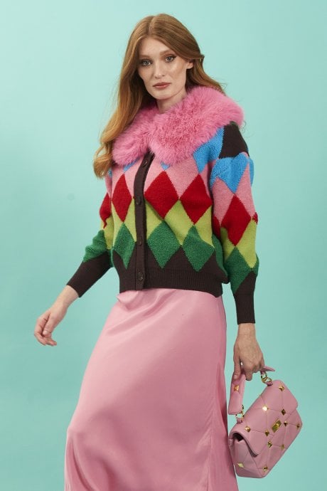 JAYLEY Diamond Design Banana Peel Cardigan with Pink Faux Fur Collar
