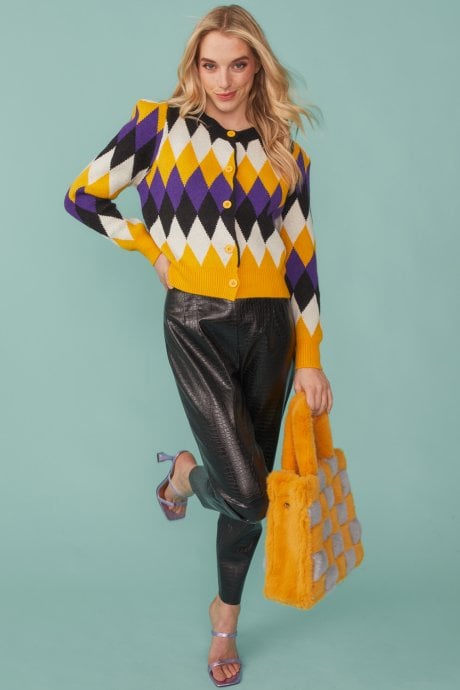 JAYLEY Diamond Design Cardigan In Purple And Yellow