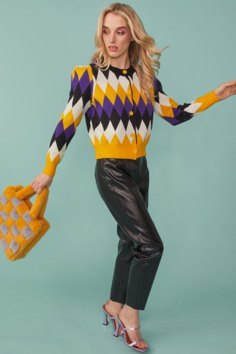 JAYLEY Diamond Design Cardigan In Purple And Yellow
