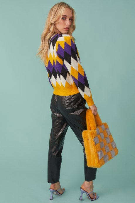 JAYLEY Diamond Design Cardigan In Purple And Yellow