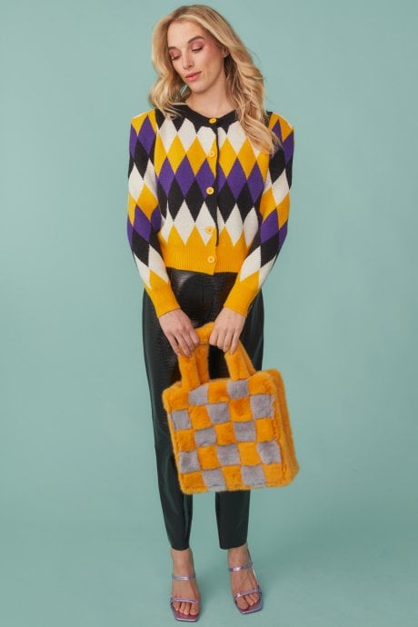 JAYLEY Diamond Design Cardigan in Purple and Yellow