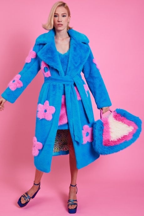 JAYLEY Eco Bamboo Blue Faux Fur Coat With Pink Flower Detailing