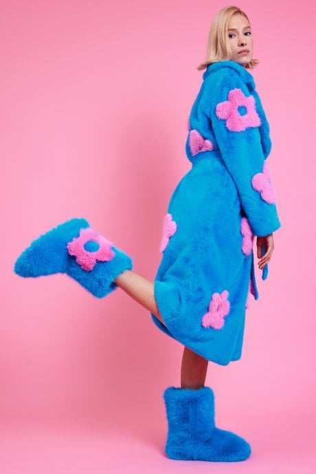 JAYLEY Eco Bamboo Blue Faux Fur Coat With Pink Flower Detailing