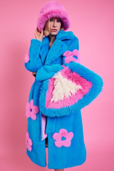JAYLEY Eco Bamboo Blue Faux Fur Coat With Pink Flower Detailing