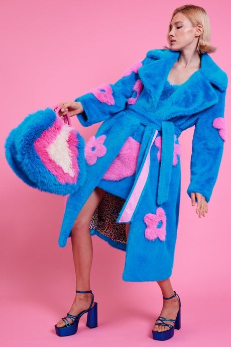 JAYLEY Eco Bamboo Blue Faux Fur Coat with Pink Flower Detailing