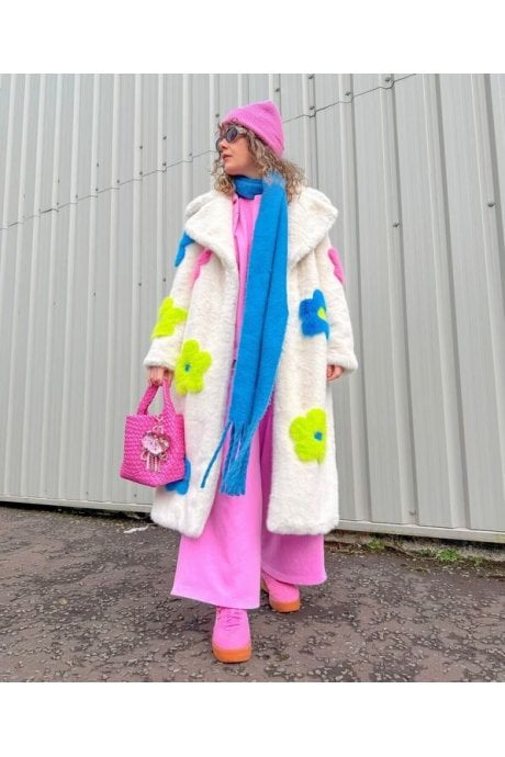 JAYLEY Eco Bamboo Faux Fur Coat With Bright Flower Detailing