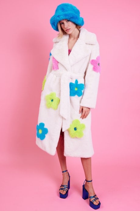 JAYLEY Eco Bamboo Faux Fur Coat With Bright Flower Detailing
