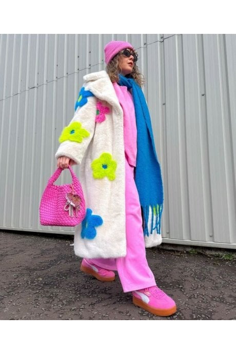 JAYLEY Eco Bamboo Faux Fur Coat with Bright Flower Detailing