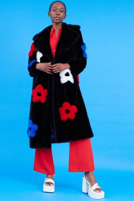 JAYLEY Eco Bamboo Faux Fur Coat With Flower Detailing