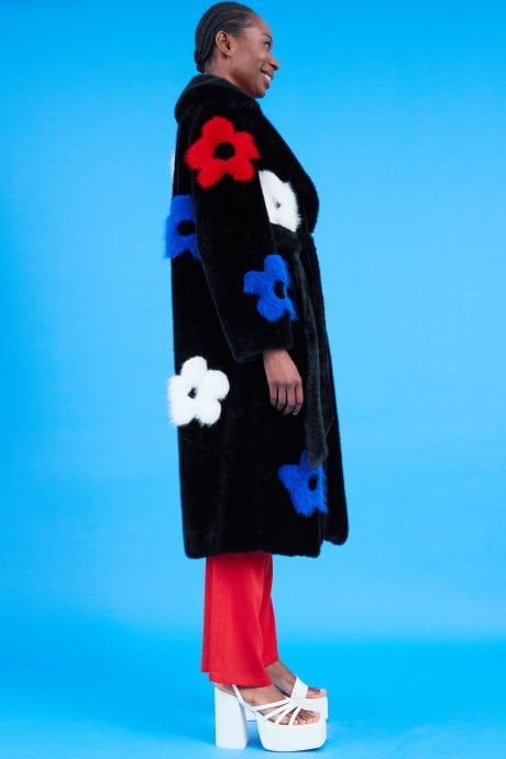 JAYLEY Eco Bamboo Faux Fur Coat With Flower Detailing