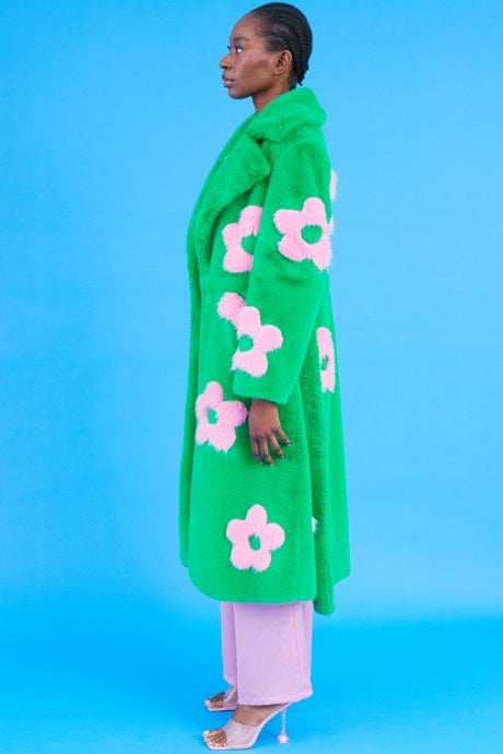 JAYLEY Eco Bamboo Green Faux Fur Coat With Pink Flower Detailing