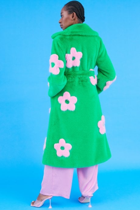 JAYLEY Eco Bamboo Green Faux Fur Coat With Pink Flower Detailing