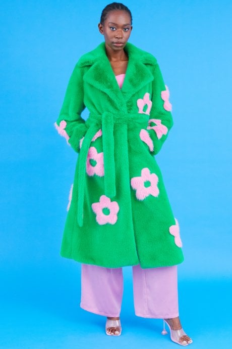 JAYLEY Eco Bamboo Green Faux Fur Coat with Pink Flower Detailing