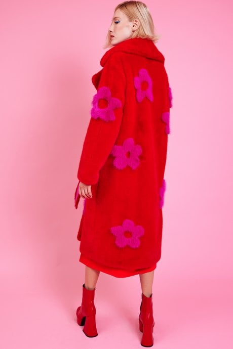 JAYLEY Eco Bamboo Red Faux Fur Coat With Pink Flower Detailing
