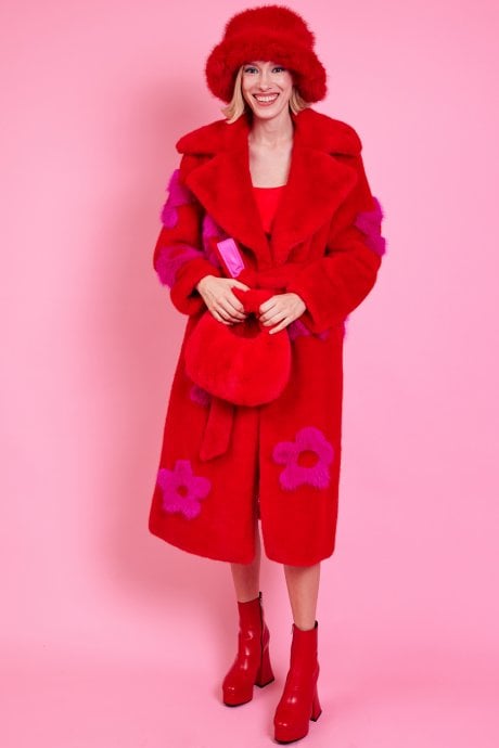 JAYLEY Eco Bamboo Red Faux Fur Coat With Pink Flower Detailing