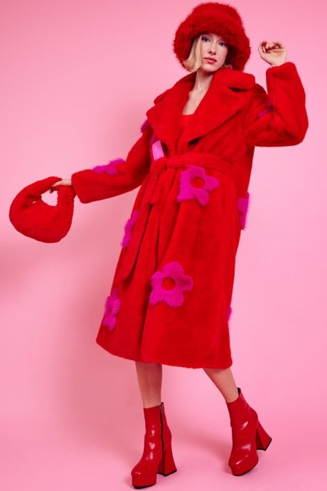 JAYLEY Eco Bamboo Red Faux Fur Coat with Pink Flower Detailing