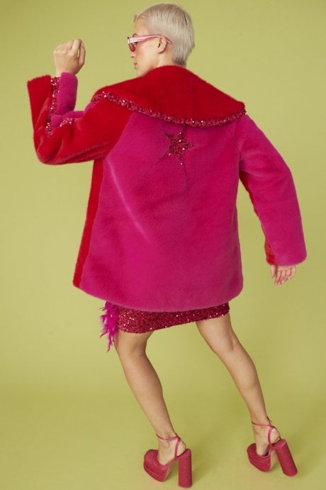 JAYLEY Eco Faux Fur Pink Midi Coat