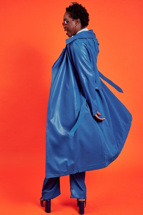 JAYLEY Eco Leather Blue Trench Coat