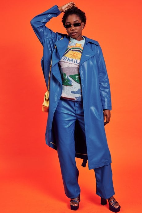 JAYLEY Eco Leather Blue Trench Coat