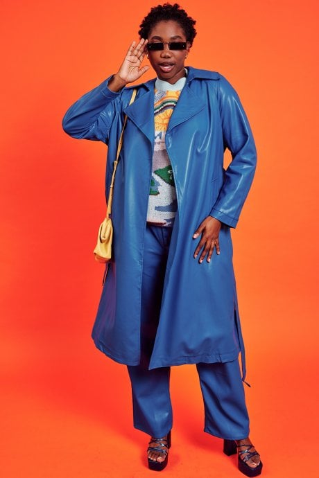JAYLEY Eco Leather Blue Trench Coat
