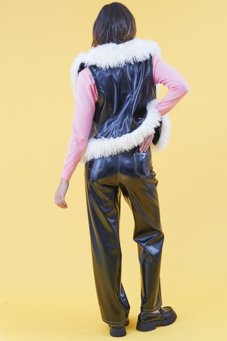 JAYLEY Eco Leather Faux Shearling Trim Gilet | Waistcoat