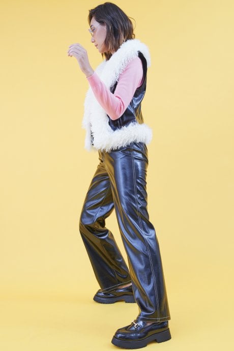 JAYLEY Eco Leather Faux Shearling Trim Gilet | Waistcoat