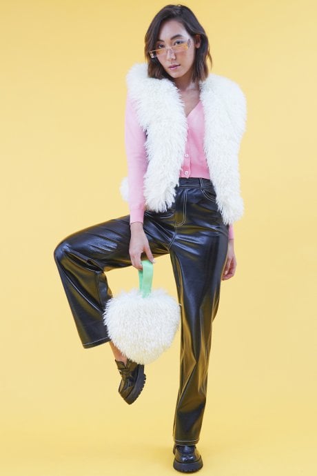 JAYLEY Eco Leather Faux Shearling Trim Gilet | Waistcoat