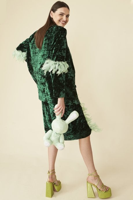 JAYLEY Emerald Green Velvet Blazer With Feather