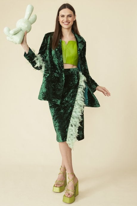 JAYLEY Emerald Green Velvet Blazer With Feather