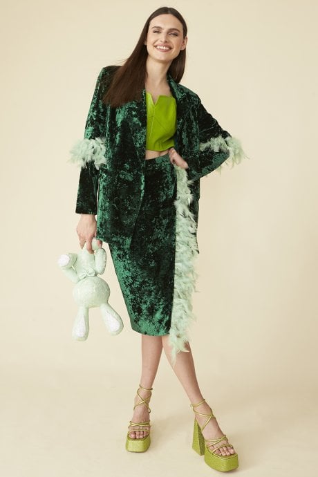 JAYLEY Emerald Green Velvet Blazer With Feather