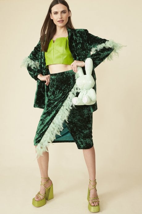 JAYLEY Emerald Green Velvet Blazer with Feather