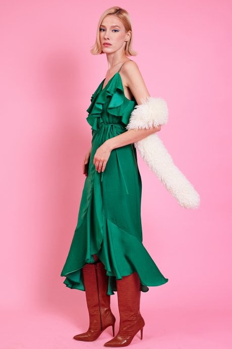 JAYLEY Emerald Silk Blend Maxi Ruffle Wrap Dress