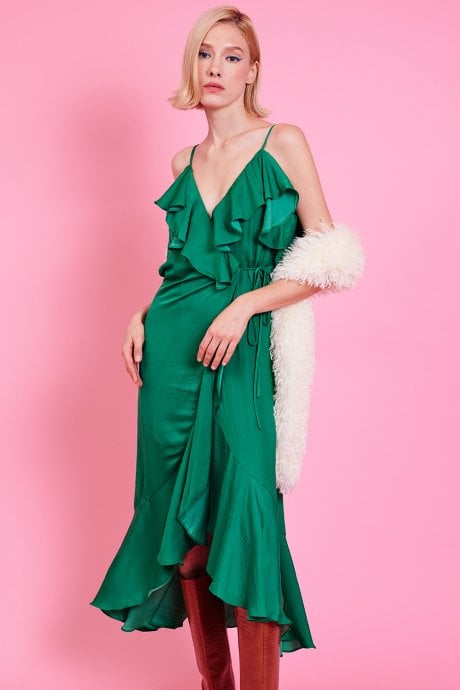 JAYLEY Emerald Silk Blend Maxi Ruffle Wrap Dress