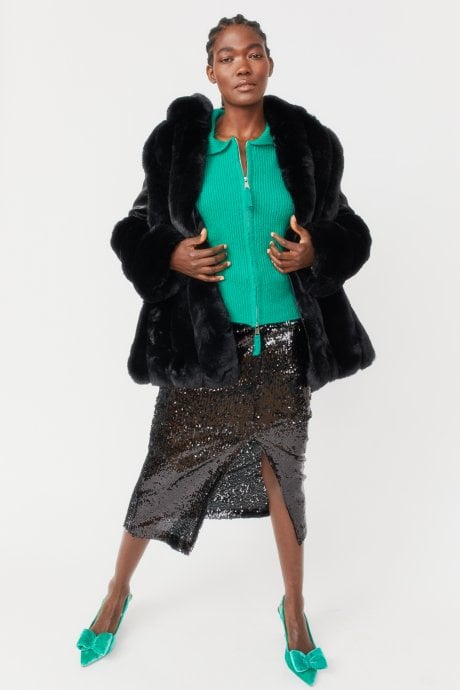 JAYLEY Faux Fur And Faux Leather Panelled Coat In Black