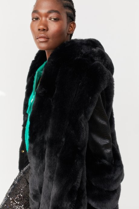 JAYLEY Faux Fur And Faux Leather Panelled Coat In Black