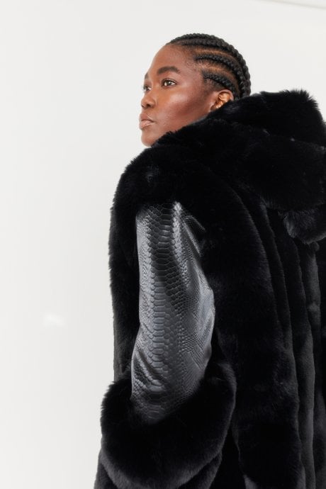 JAYLEY Faux Fur And Faux Leather Panelled Coat In Black