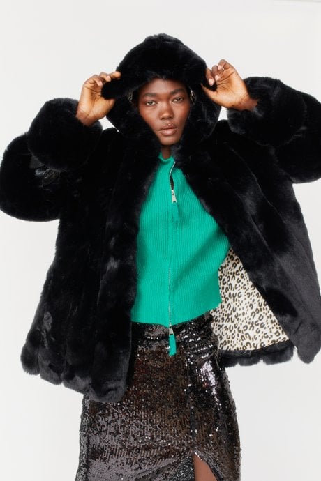 JAYLEY Faux Fur and Faux Leather Panelled Coat in Black