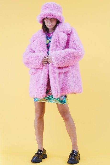 JAYLEY Faux Fur Baby Pink Midi Coat